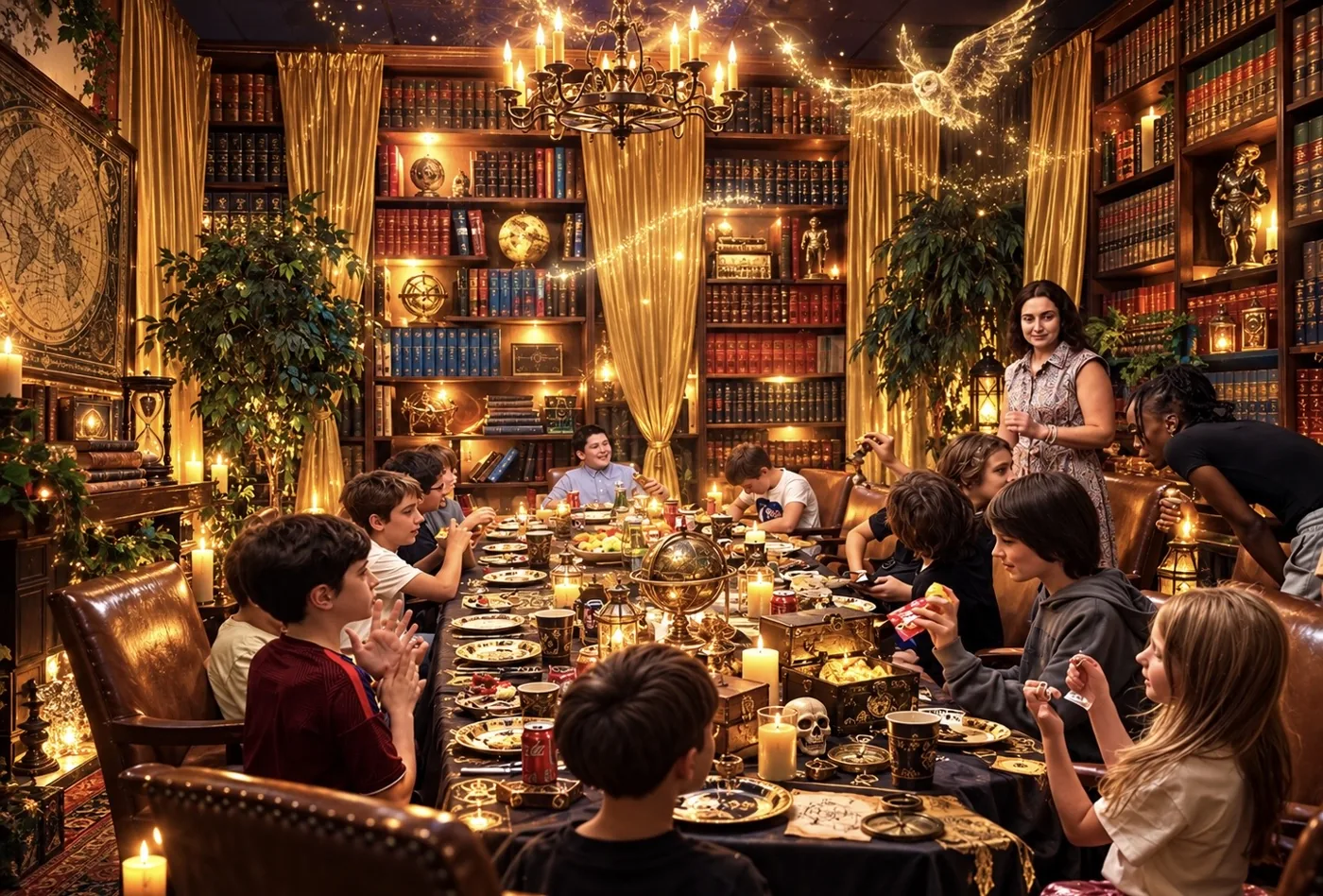 A birthday group celebrating around a decorated table in a warmly lit, library-themed event room