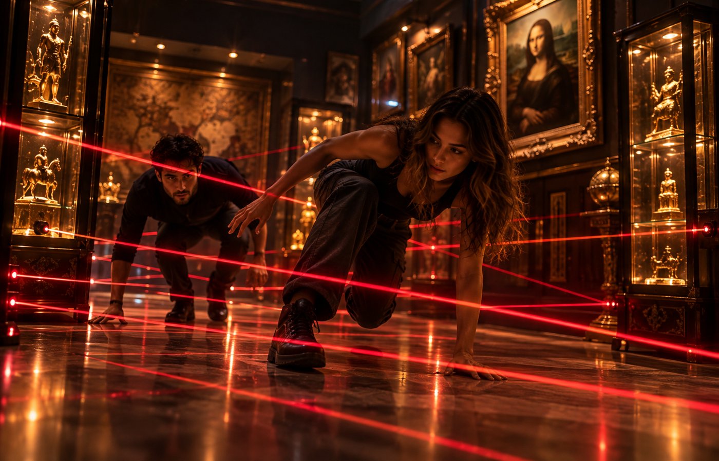 Players navigating red security lasers in the museum