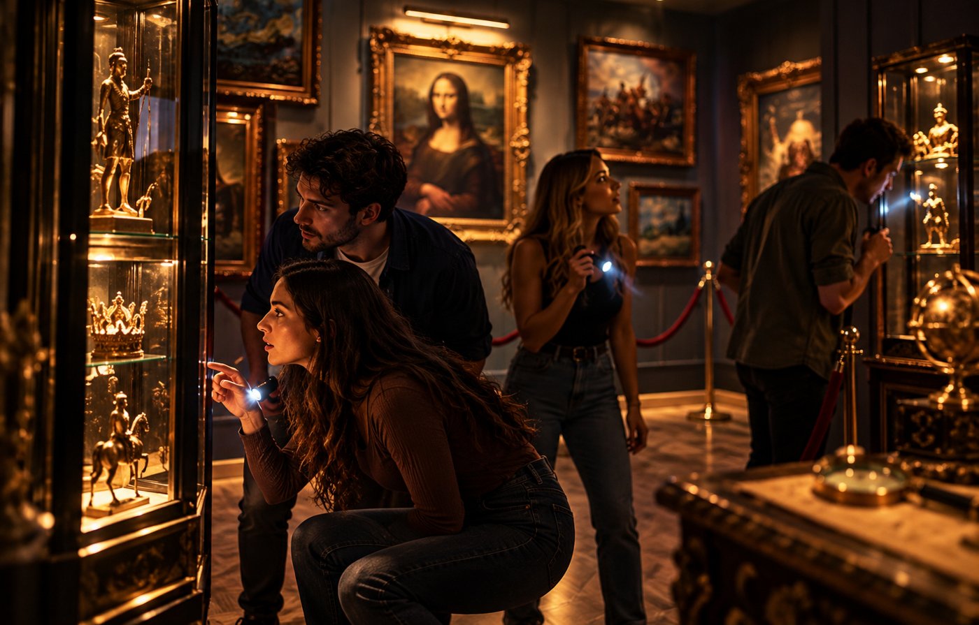 Players exploring illuminated museum displays and searching for clues